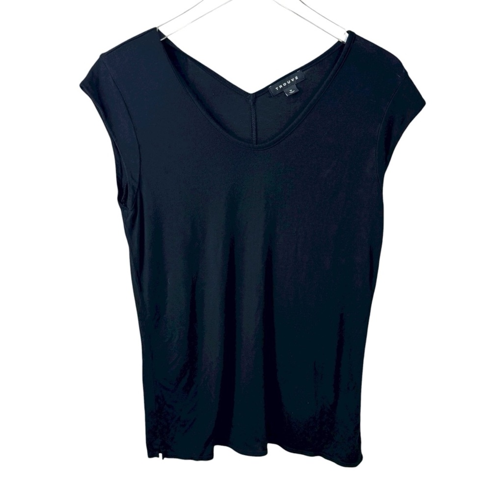 Trouve V-neck Knit Blouse Tee Cap Sleeve Black Lightweight Women's Medium